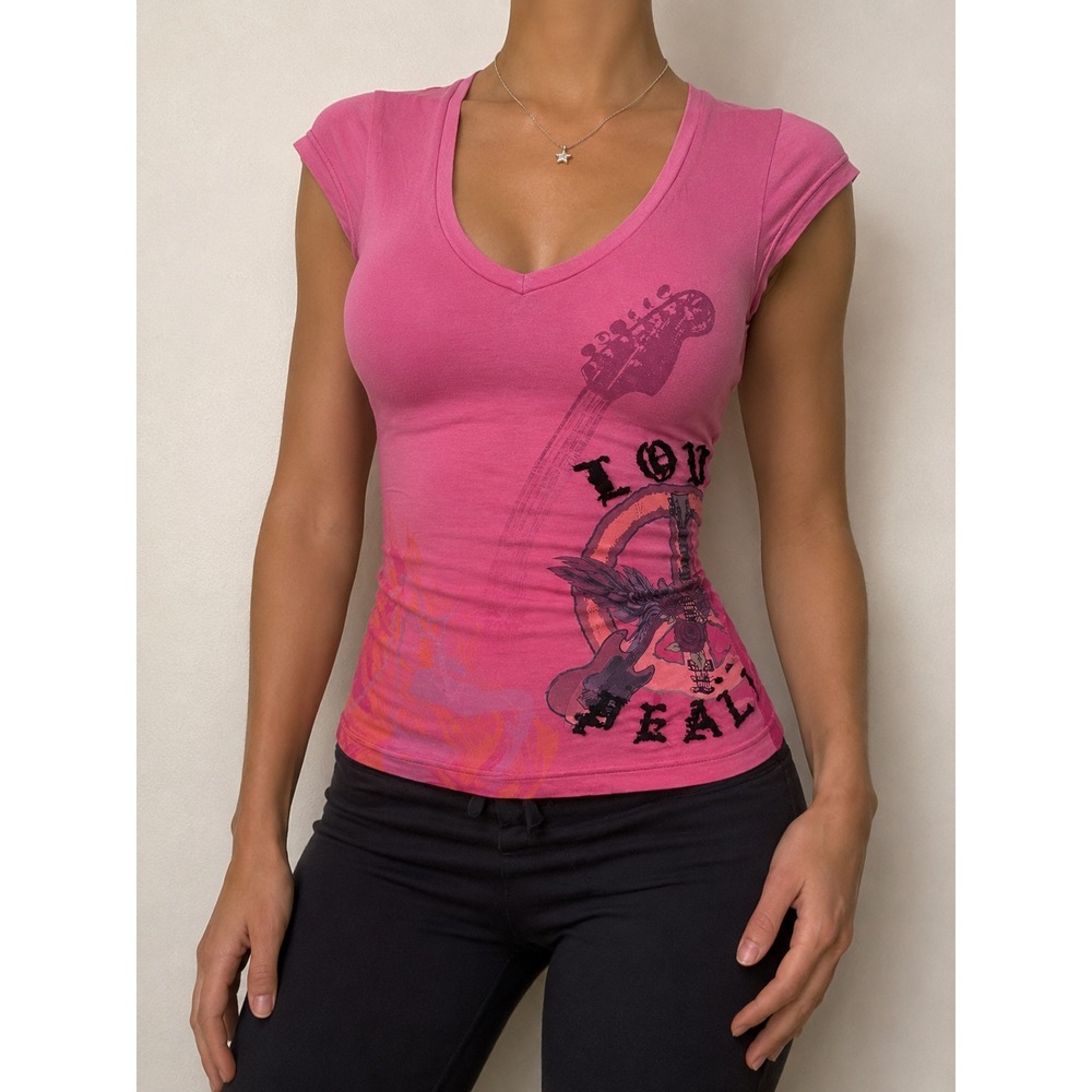 RAW Women's Pink Graphic V-Neck Modal T-Shirt Guitar Love Size (S)